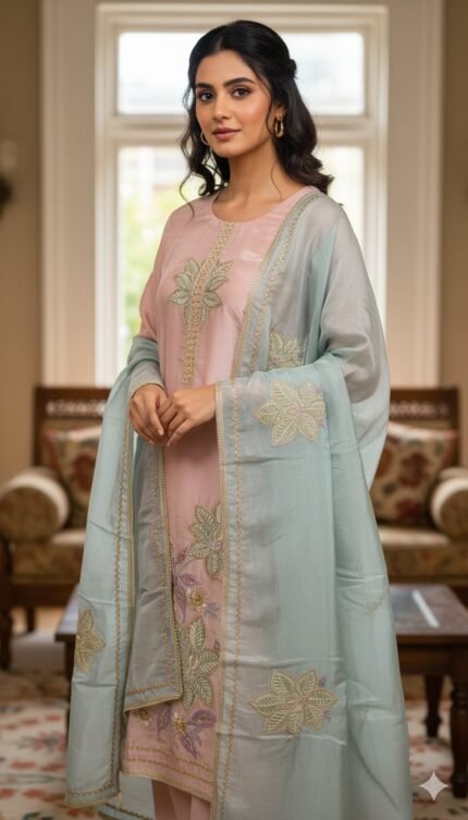 Shimmer suit set with lurex thread, sequins embroidery, and contrast dupatta